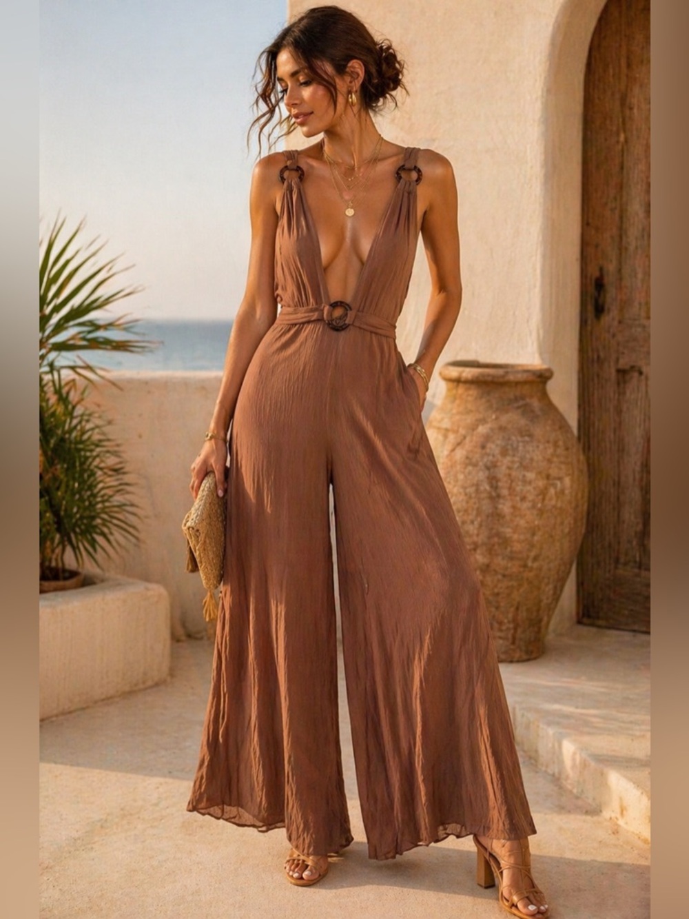 Favlux Deep V Neck Wide Leg Jumpsuit Brown Ring Detail Size L Resort Vacation
